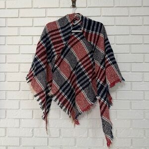 Wander Agio Plaid Wrap Poncho – Wine Red – NWT